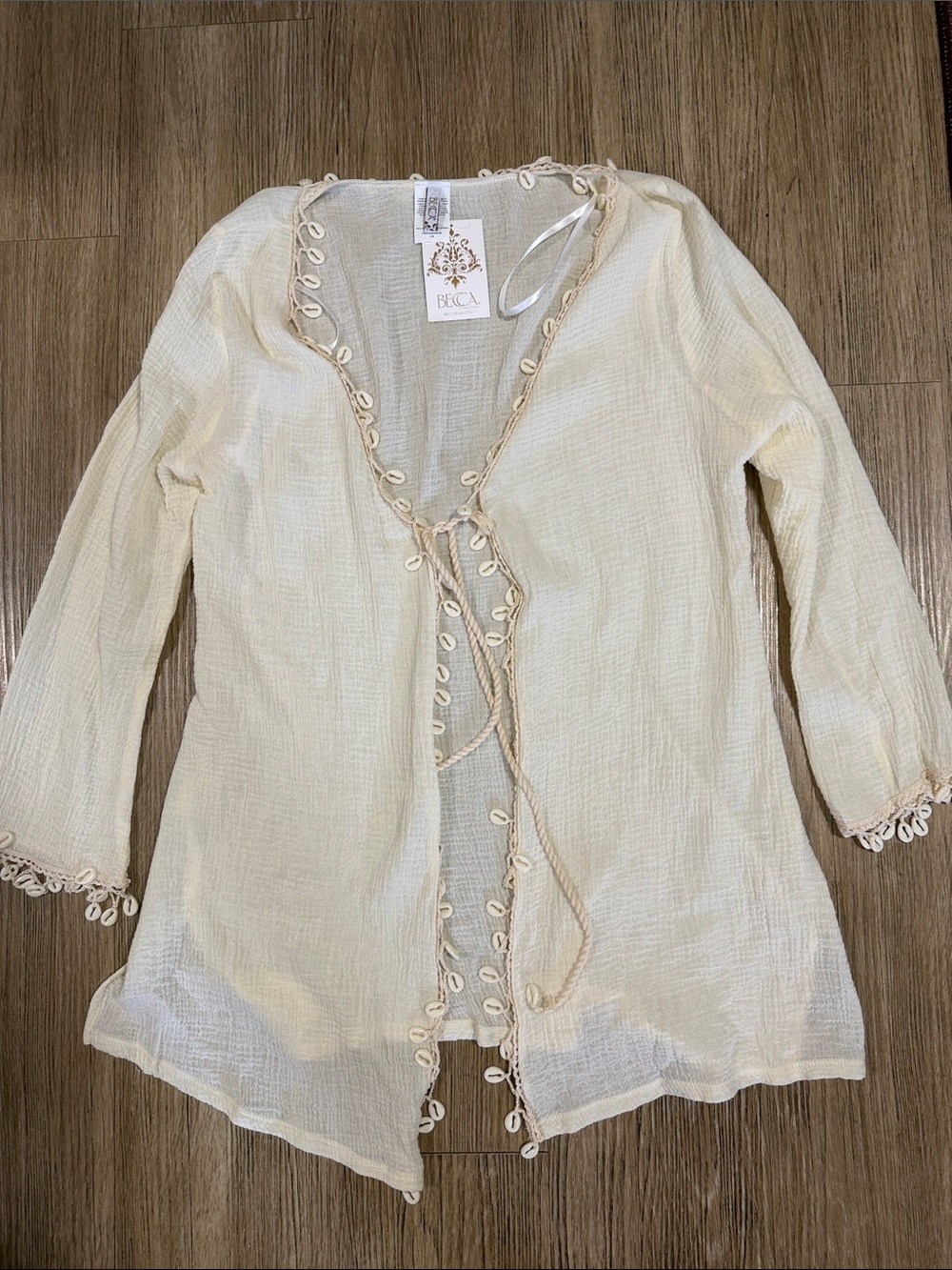 BECCA Cream Shell-Trim Tie-Front Swim Coverup L
